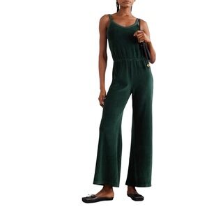 New Suzie Kondi The Elma Flare Jumpsuit in Dark Green Velour Sz XS